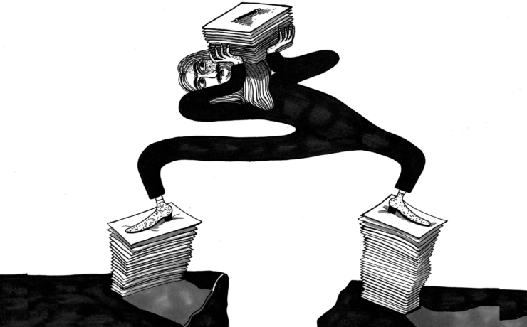 The illustration by Moshtari Hilal shows a person carrying lots of papers on her back, while standing on piles of paper with both feet.