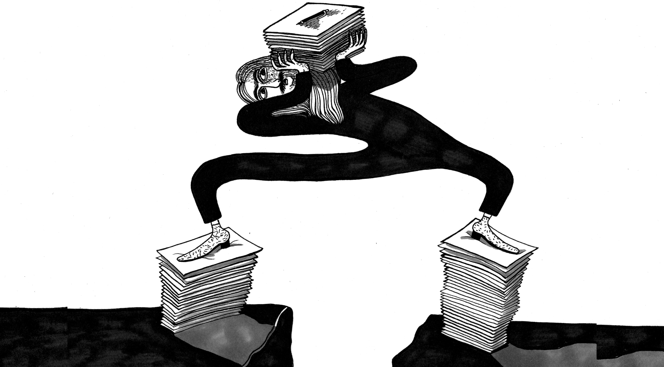The illustration by Moshtari Hilal shows a person carrying lots of papers on her back, while standing on piles of paper with both feet.