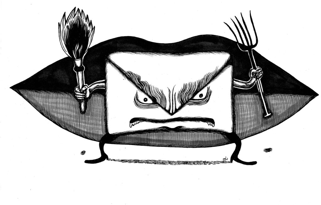 A pair of lips are guarded by a letter holding a pitchfork and flame