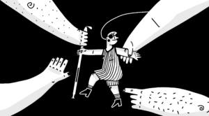 The black-and-white illustration shows a woman carrying a cane for the blind. She turns around as four giant hands reach out to her from each direction, grabbing her hand and her cane.
