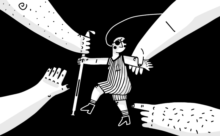 The black-and-white illustration shows a woman carrying a cane for the blind. She turns around as four giant hands reach out to her from each direction, grabbing her hand and her cane.