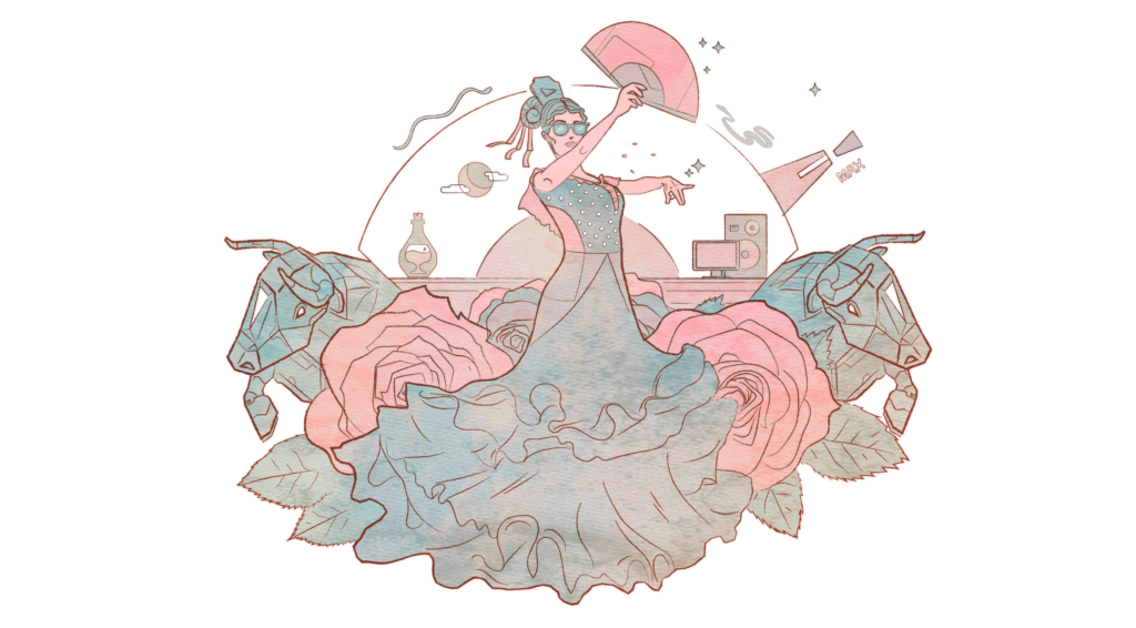 The illustration by Gustavo Brigante depicts two bulls, two large roses and a woman dressed in traditional Flamenco clothes.
