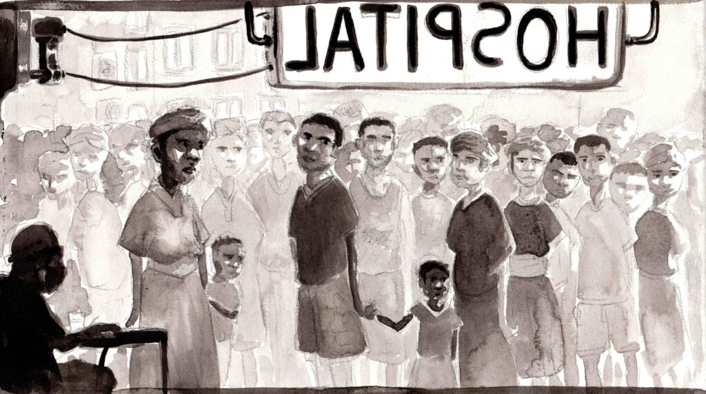 The illustration by Antoine Bouraly shows a group of people who have assembled in front of a hospital.