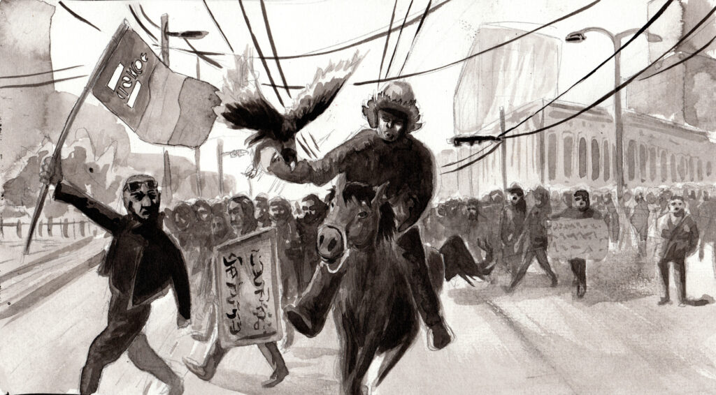 A man riding on a horse carries an eagle on his hand. On his left walks a man who waves a flag, behind them is a crowd on the street. Two protesters carry demonstration signs.
