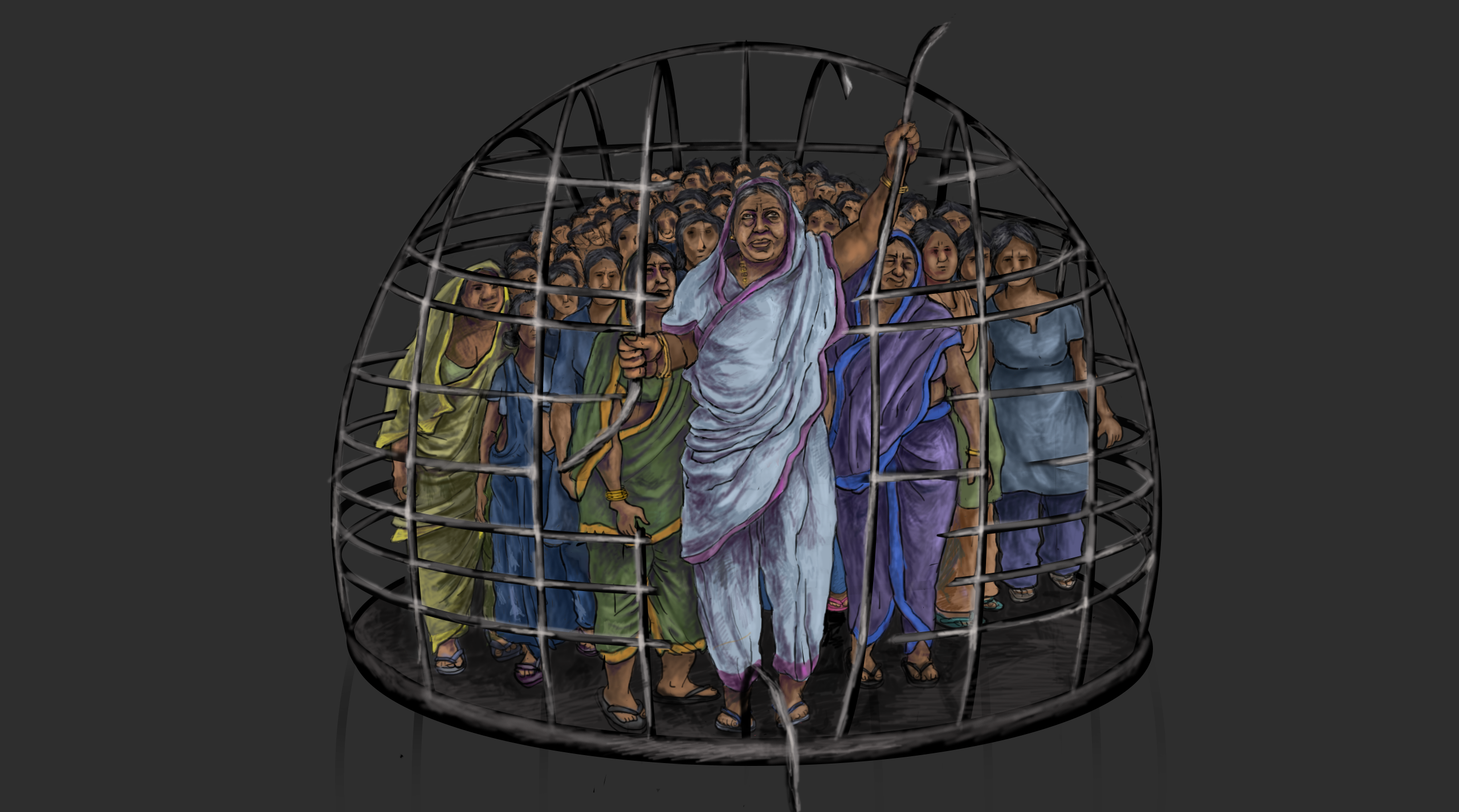 Illustration with an Indian woman who symbolically breaks open a cage that has emprisoned a group of women.