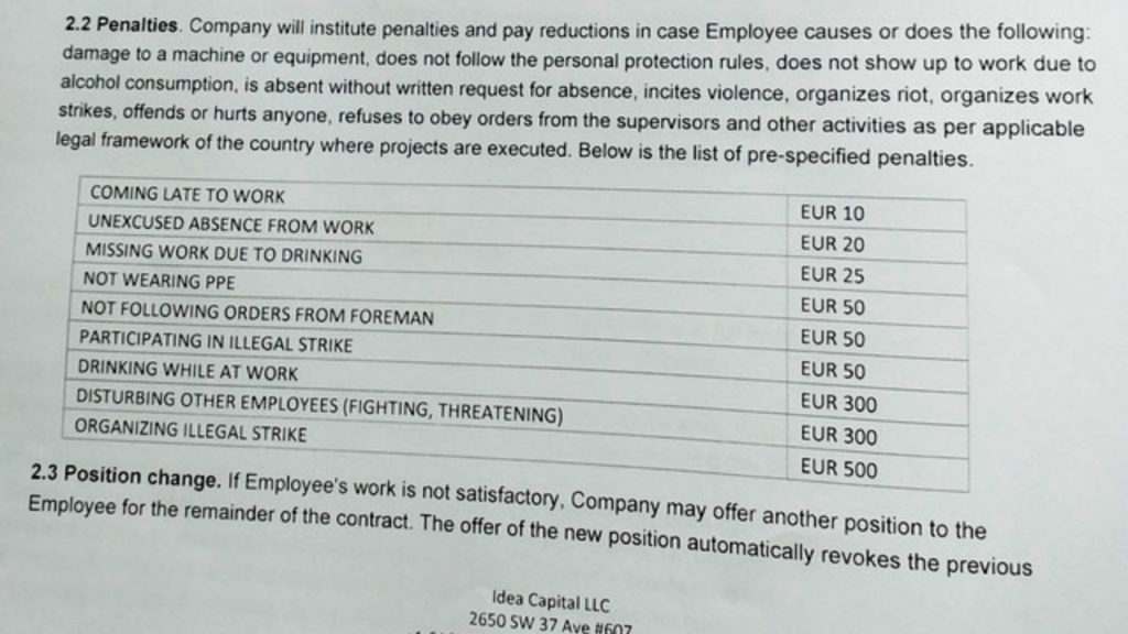 Contract showing monetary penalties for various infractions such as tardiness, drinking or participating in a strike