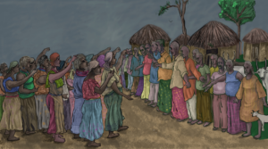 A group of women stand off with men blocking access to property. Illustration by Vikas Thakur for Unbias the News.