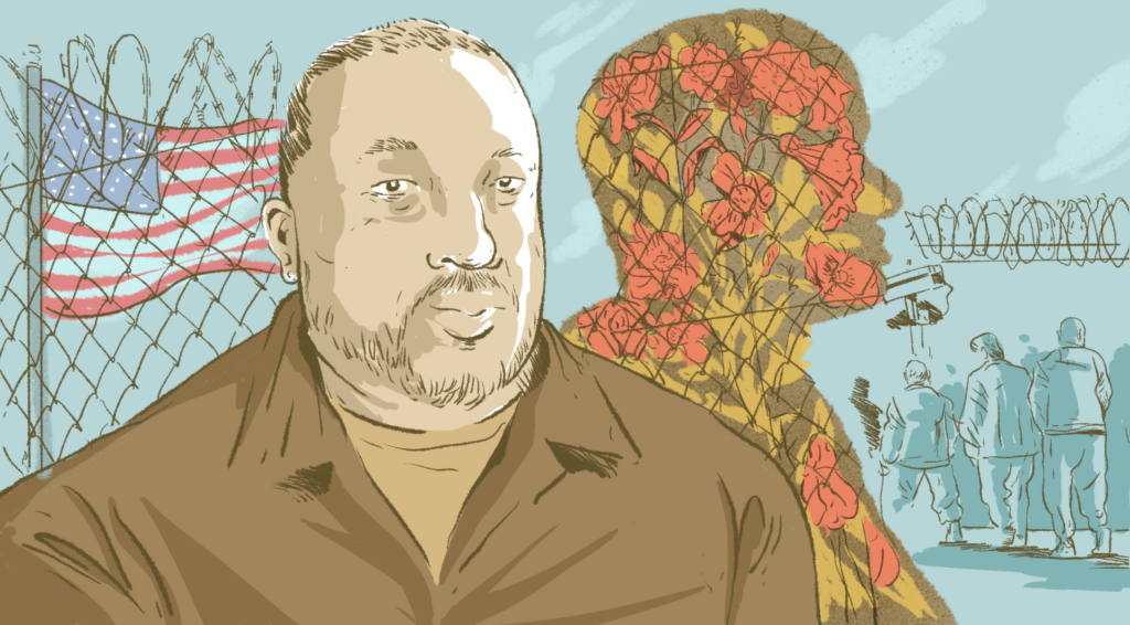 A man stands outside a prison, his shadow filled with flowers