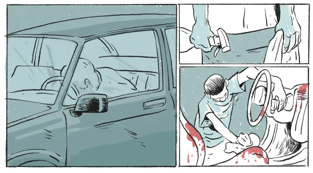 A man leans against a steering wheel, dead. In a second and third panel, a young man cleans blood from the carseat.