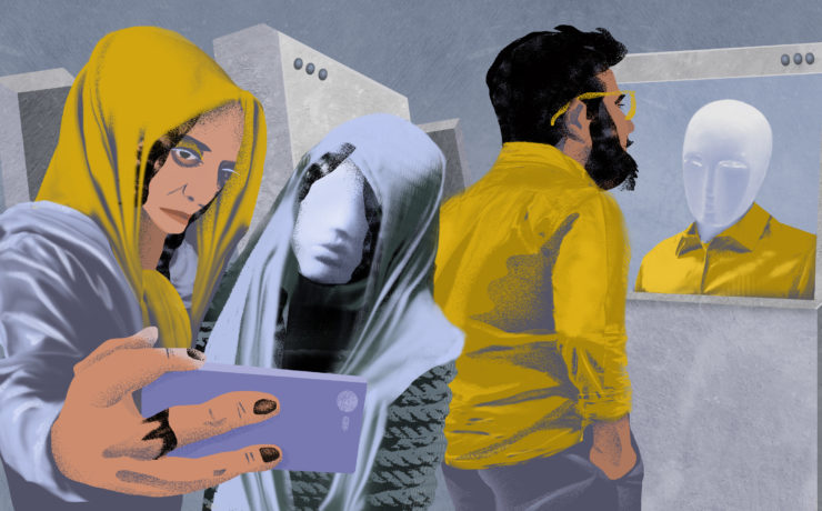 A collage with a woman wearing a headscarf taking a selfie and a man wearing glasses looking in a screen, both their images are distorted in reflection