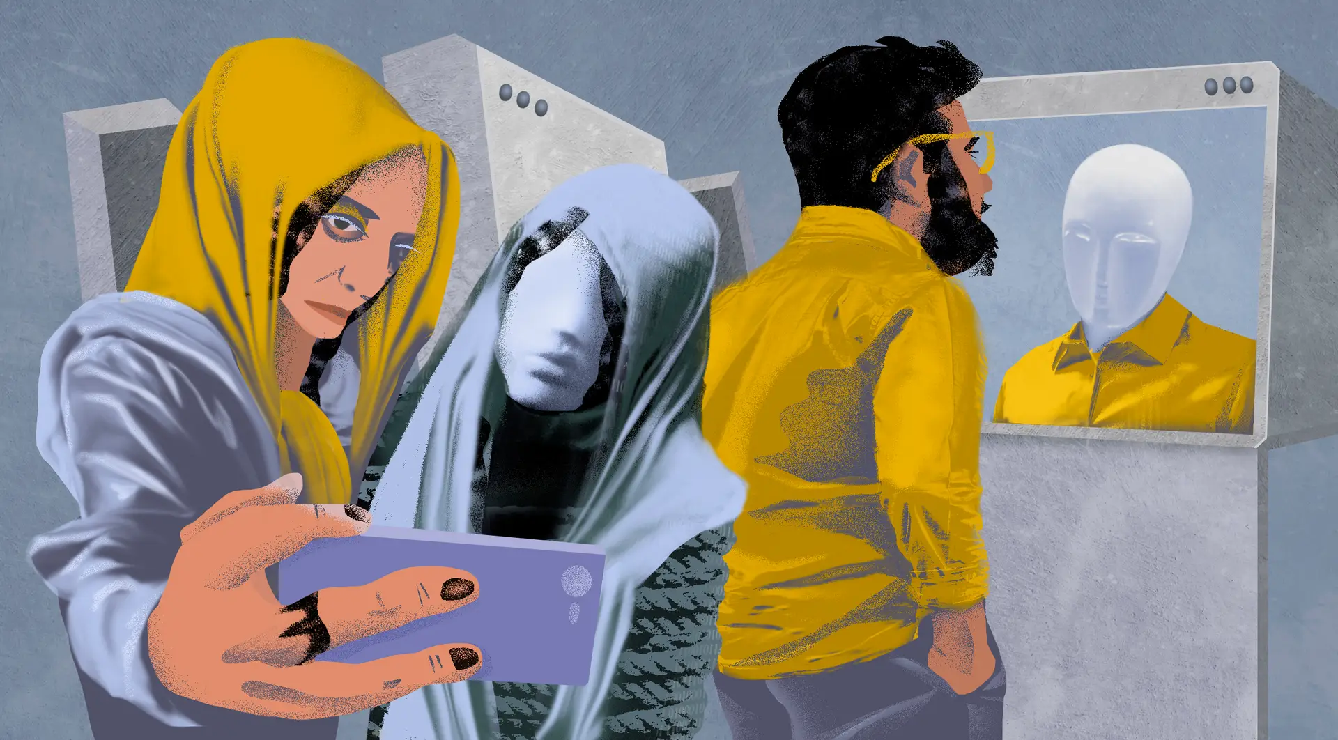 A collage with a woman wearing a headscarf taking a selfie and a man wearing glasses looking in a screen, both their images are distorted in reflection