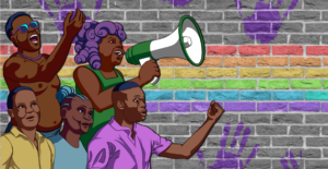 Illustration by Walker Gawande in which five people stand in front of a raindbow painted wall with a purple hand and shout or sing
