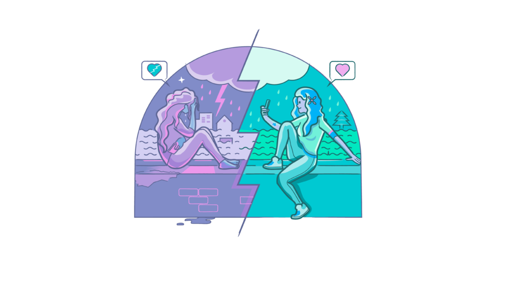 Two girls sitting by a rainy window, one has her head in her hands in fear, the other takes a selfie happily