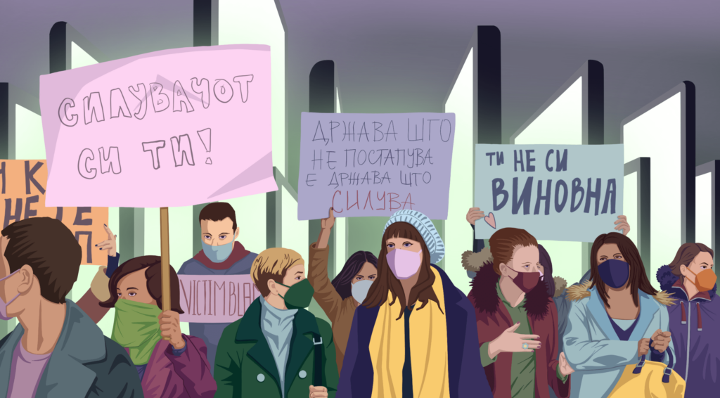 Illustration by Walker Gawande shows Masked protesters hold signs on the street in Macedonian