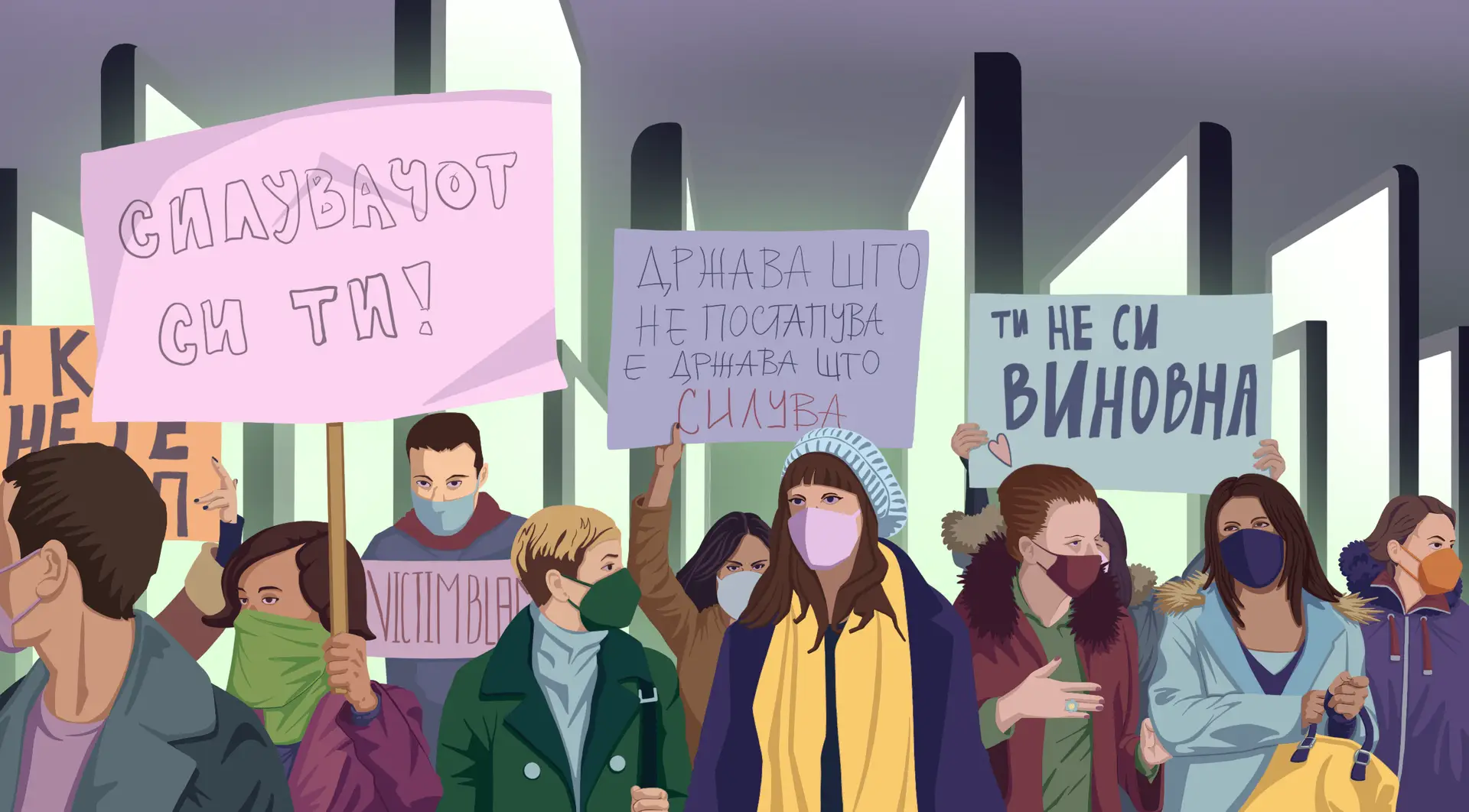 Illustration by Walker Gawande shows Masked protesters hold signs on the street in Macedonian
