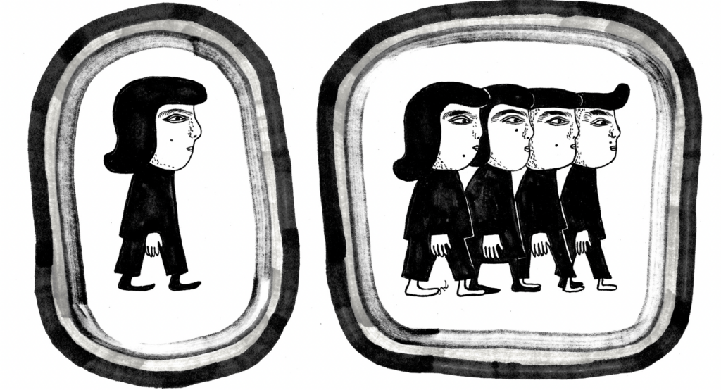 A person is encircled on one side, the other shows a group of people encicled
