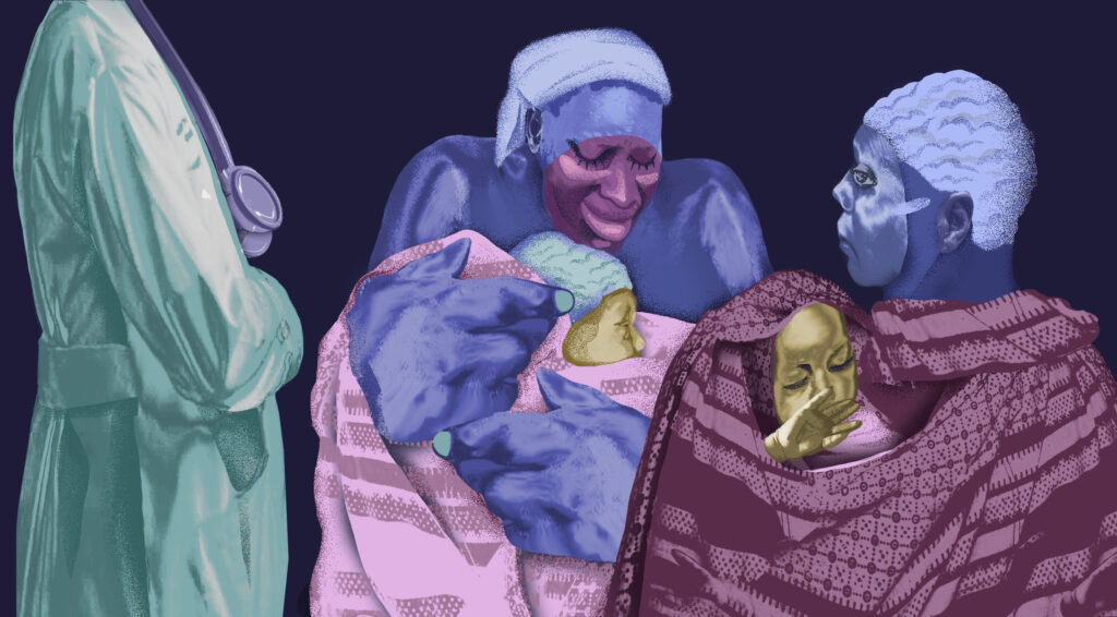 Two women stand by a doctor whose face is not shown. One women wails in grief, another wears a mask, they both hold babies.