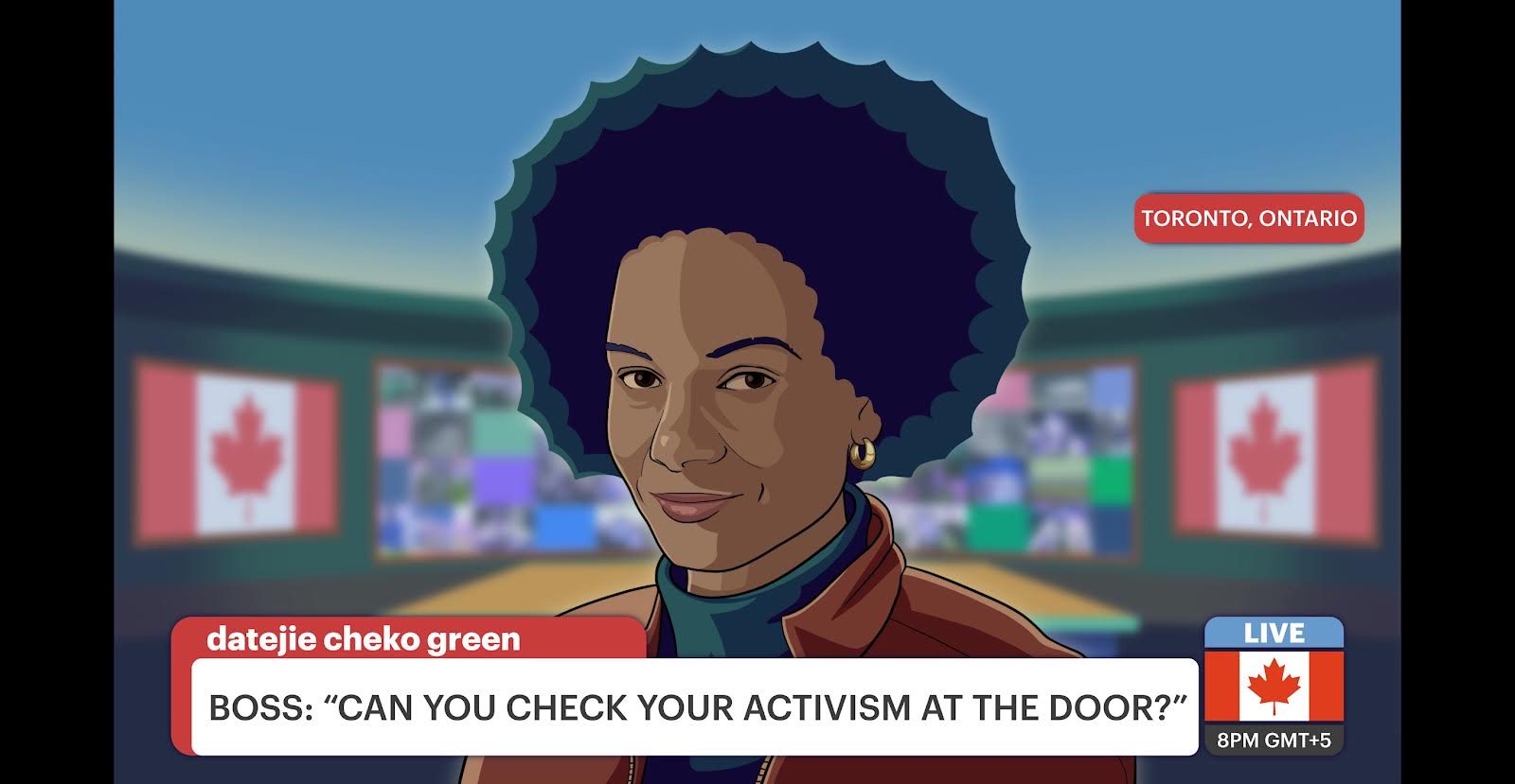 A woman on a news television screen reporting from Toronto, Canada faces viewers with the chiron, "Boss: can you check your activism at the door?" Illustration by Walker Gawande