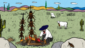 A man on a prairie is bent over a fire cooking dinner, but instead of meat he has insects on the barbecue