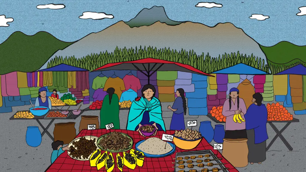 A woman stands at a stall of a food market offering multiple dishes for sale containing insects