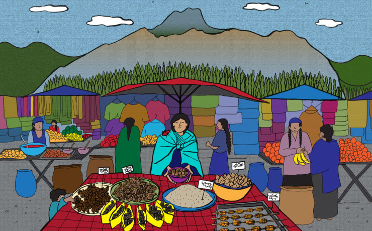 A woman stands at a stall of a food market offering multiple dishes for sale containing insects