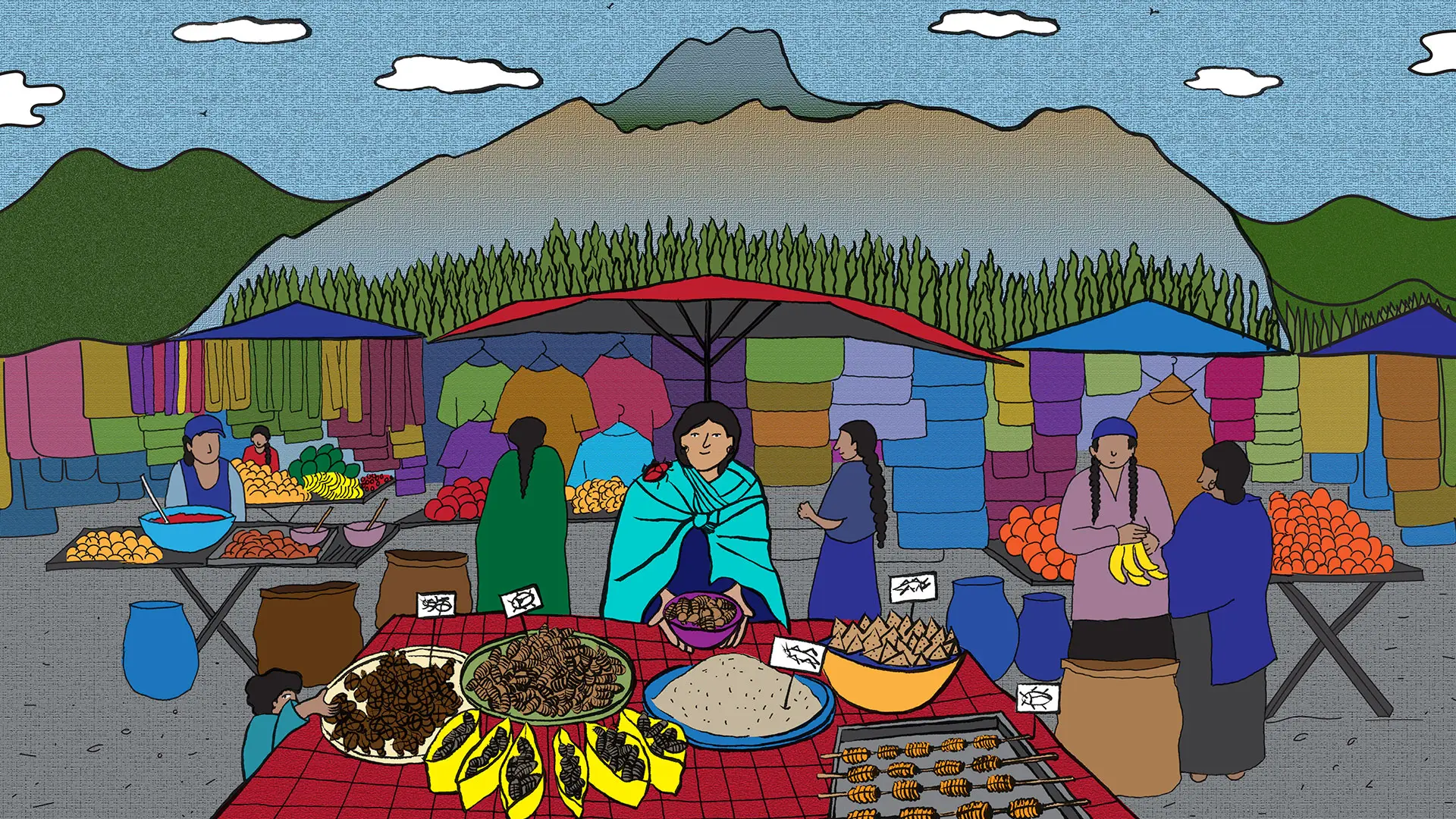 A woman stands at a stall of a food market offering multiple dishes for sale containing insects