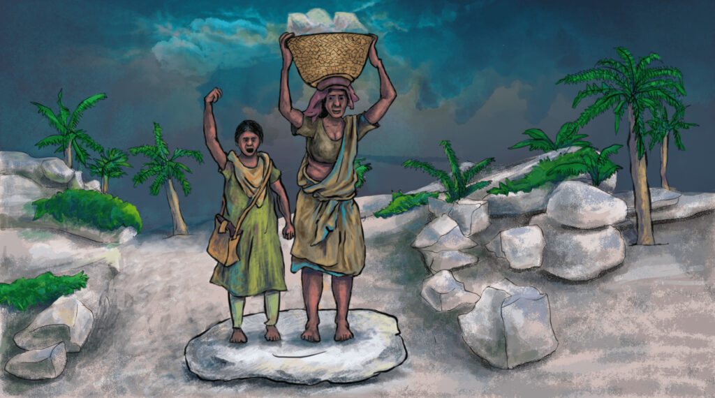 Two people stand in a rock quarry, hands raised. The man has a load of rocks carried above his head.