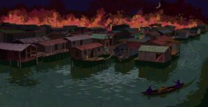 A waterfront community at night, with a fire burning in the background and a boat with people looking on