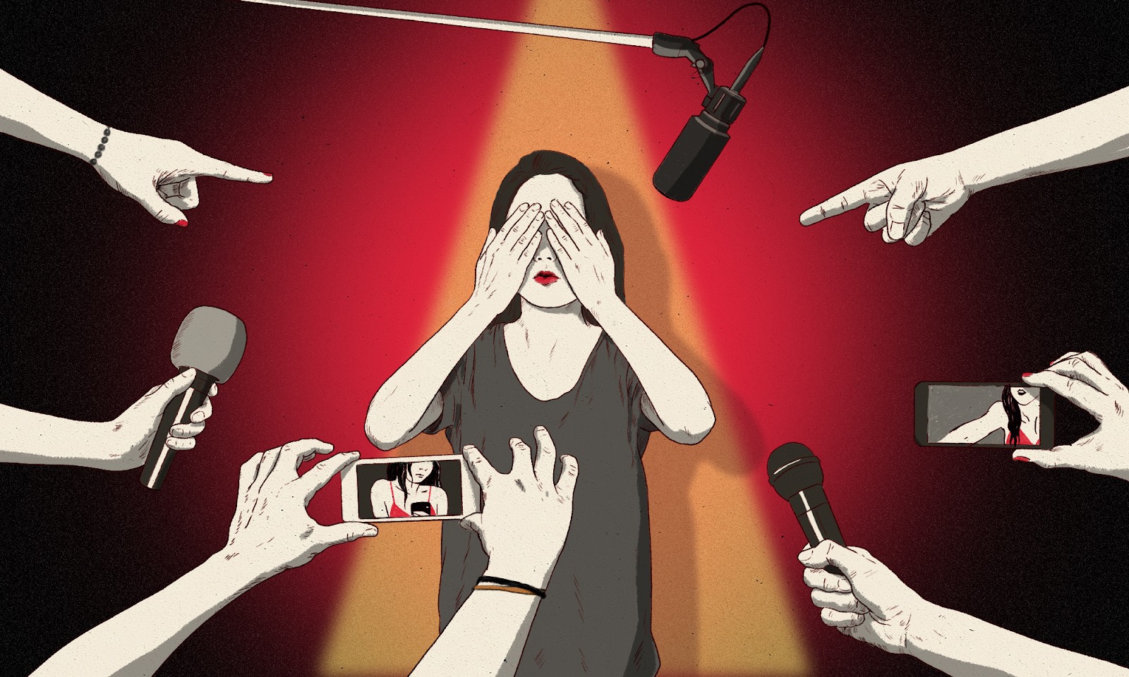 A woman covering her eyes stands in a spotlight, while hands point microphones and phone cameras at her in this illustration by Igor Vujčić