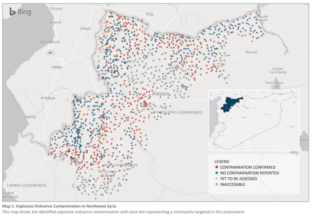 A map of Syria, showing numerous areas of weapons contamination