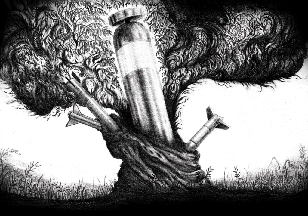 A tree is wracked with missiles and weapons in this illustration by Antoine Bouraly