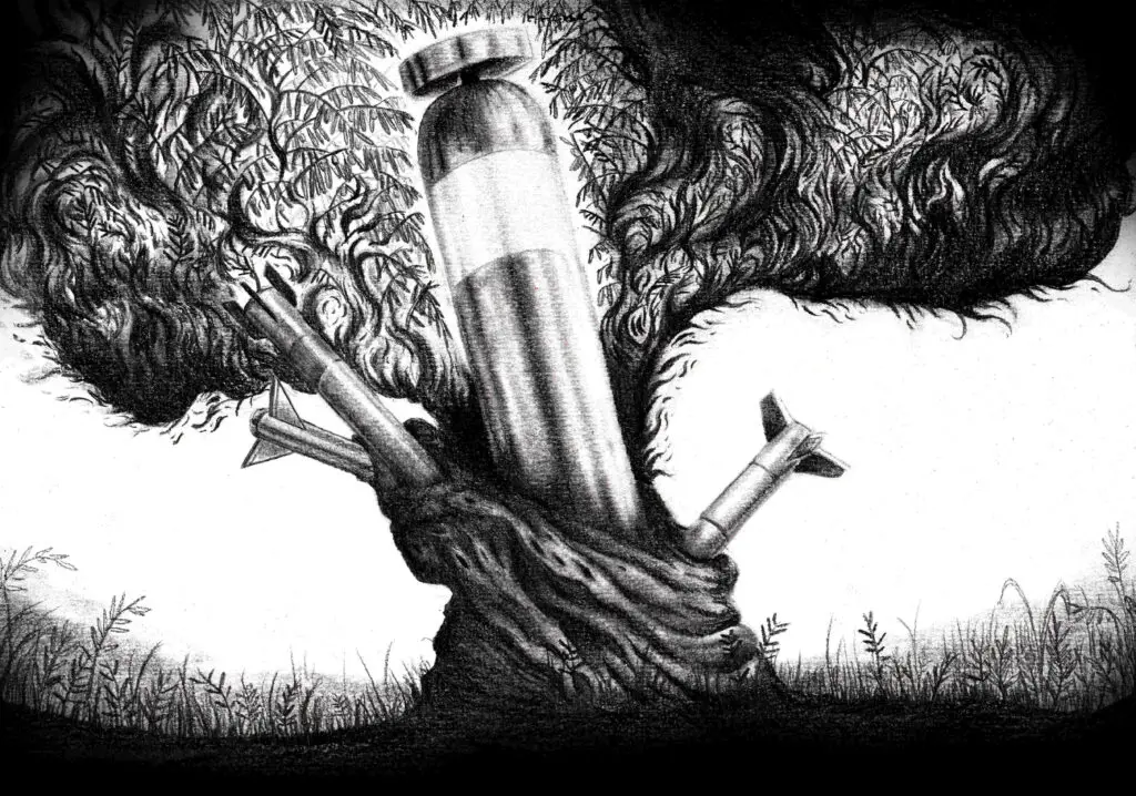 A tree is wracked with missiles and weapons in this illustration by Antoine Bouraly