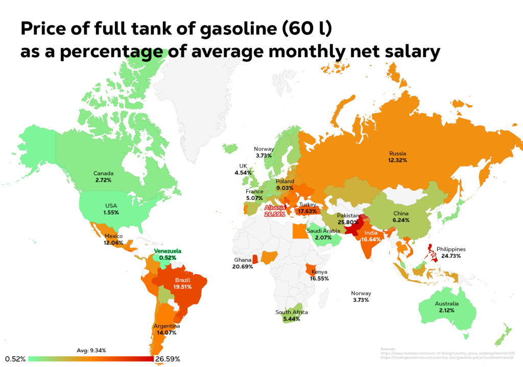 A map showing price of a full tank of gas as a percentage of average monthly net income.