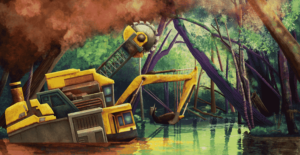 Inside a lush rainforest, a sinking construction crane makes its way through