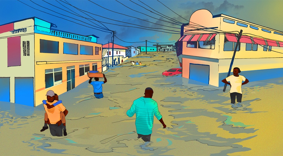 In a flooded tropical vista, men and women wade in thigh-high water