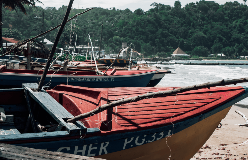 Fishing boats are parked on a coastline