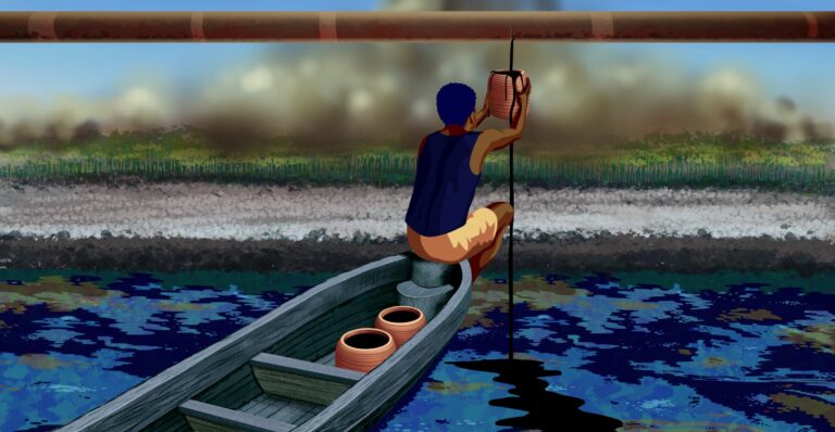 A man sits at the edge of a boat, catching oil leaking out of a pipe that pollutes that water