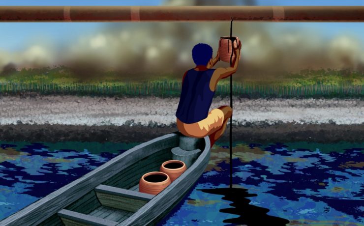 A man sits at the edge of a boat, catching oil leaking out of a pipe that pollutes that water