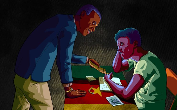 A journalist at a desk draped with the Cameroon flag is offered money in an envelope by a man leaning over him