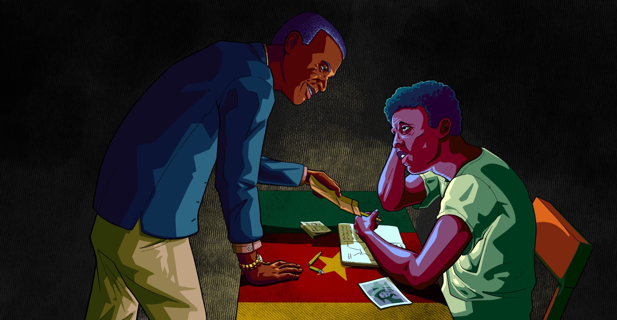 A journalist at a desk draped with the Cameroon flag is offered money in an envelope by a man leaning over him