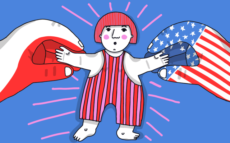 A figure stands in the middle of two large hands, one with an American and one with a Polish flag, both grabbing her
