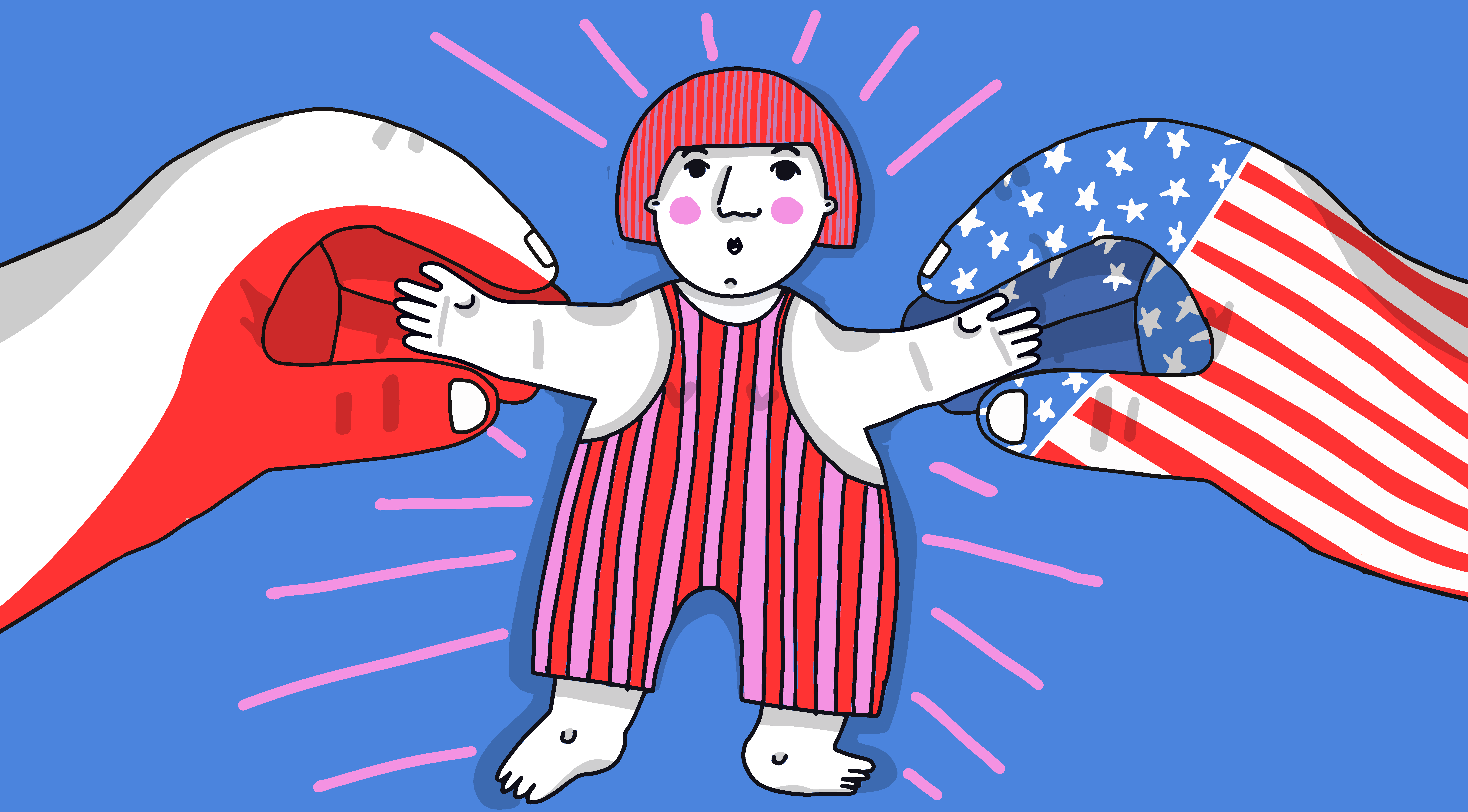 A figure stands in the middle of two large hands, one with an American and one with a Polish flag, both grabbing her