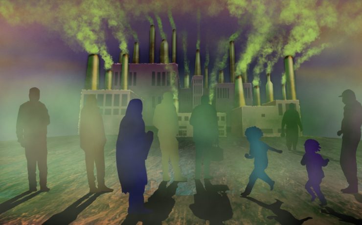 The image shows a foggy scene with silhouettes of adults and kids walking. Behind them in the distance is a factory emitting smoke and fog to depict poison.