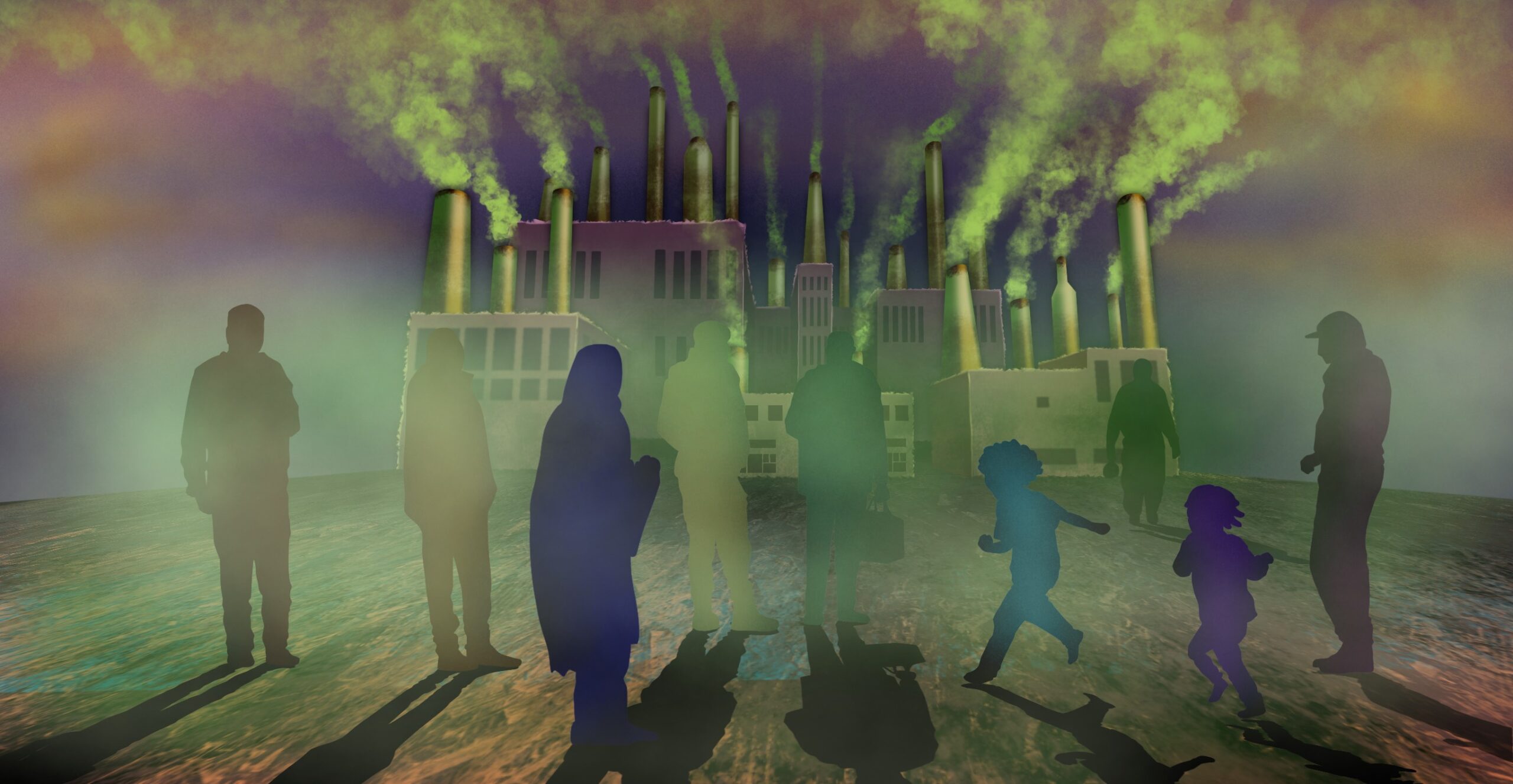 The image shows a foggy scene with silhouettes of adults and kids walking. Behind them in the distance is a factory emitting smoke and fog to depict poison.
