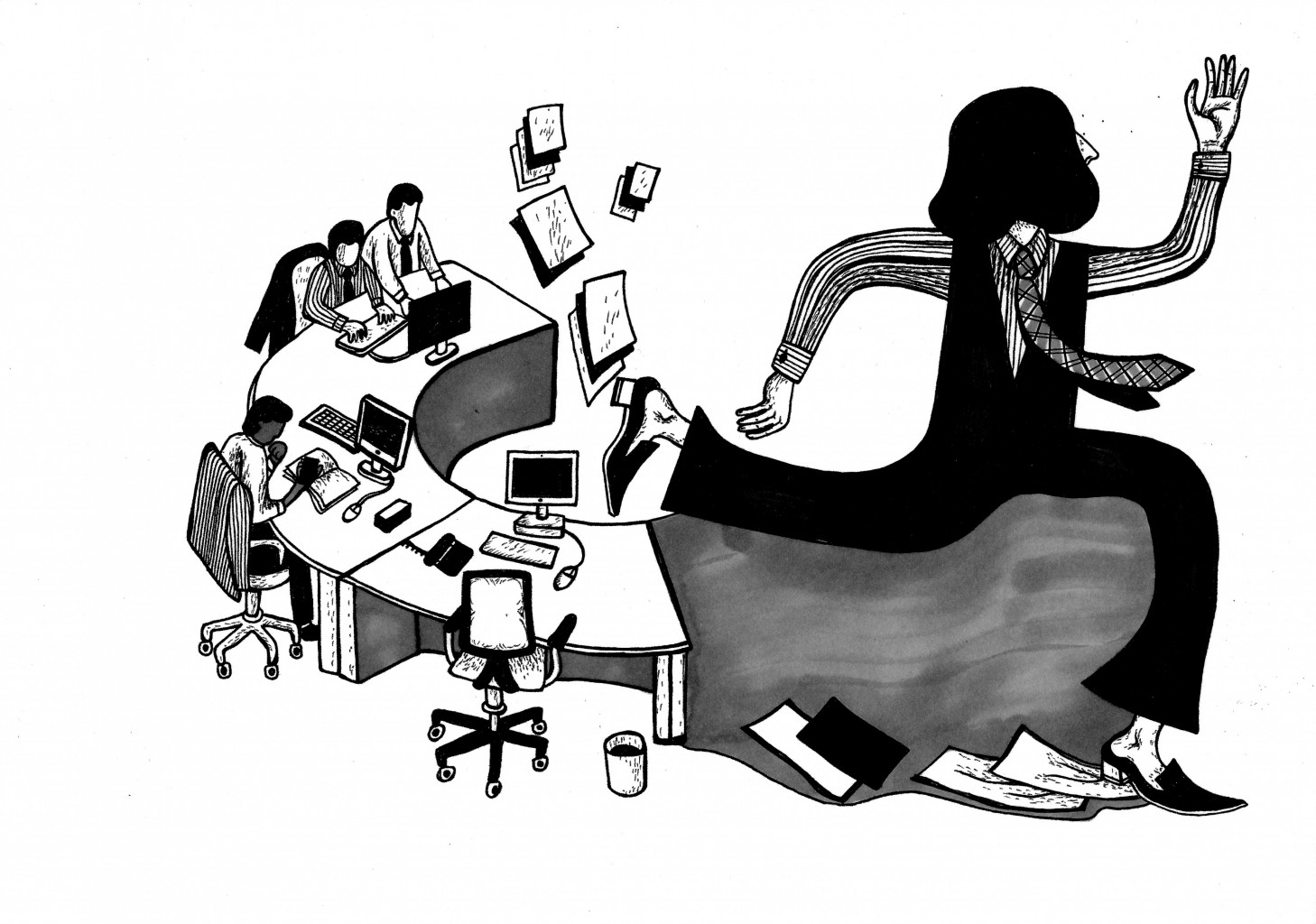 In a newsroom, desks are set in a circular fashion with employees working on computers. A larger illustration of a person shows her running with papers flying behind her.