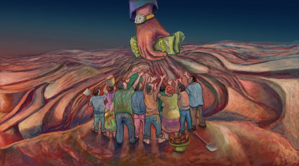 A hand grasping money hovers above a group of people reaching towards it in an abstract field with ribbons of color.