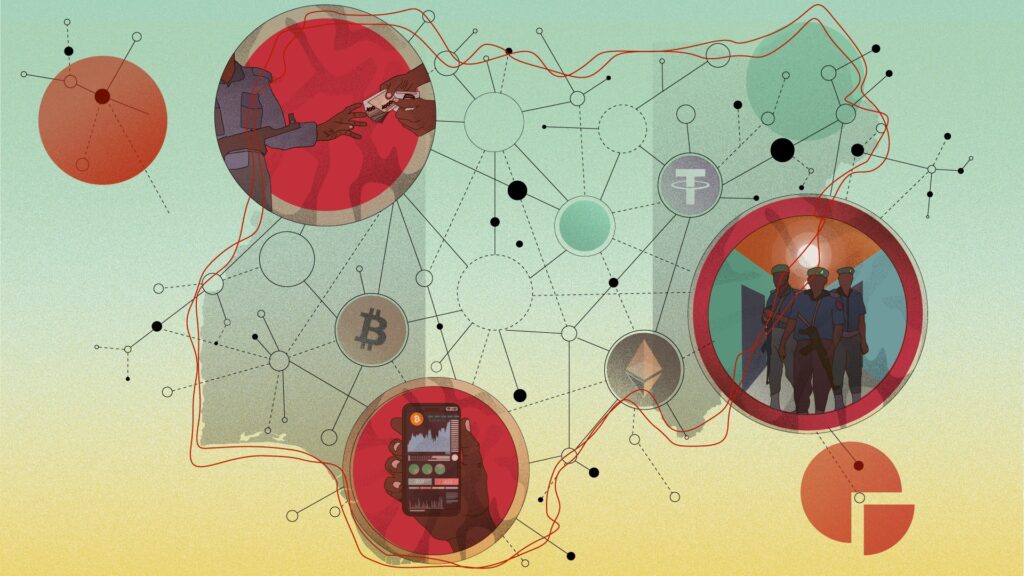 A stylized map of Nigeria shows close ups of money changing hands, people trading on their mobile phones and police on a raid.