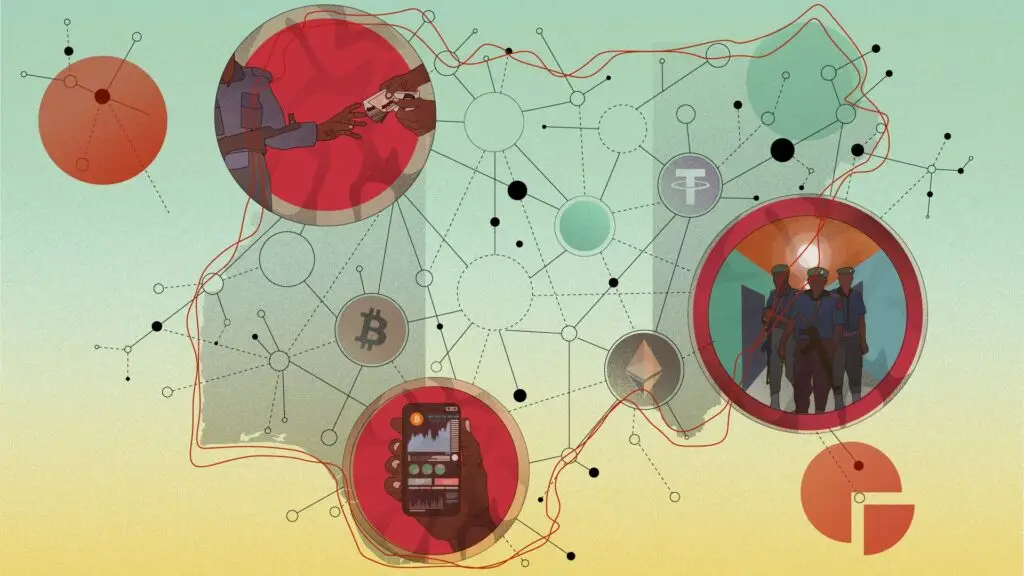 A stylized map of Nigeria shows close ups of money changing hands, people trading on their mobile phones and police on a raid.