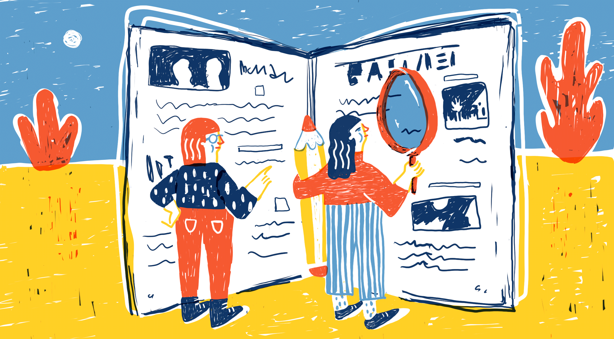 Illustration of two women closely scanning a large newspaper, one of them is holding a magnifying glass.
