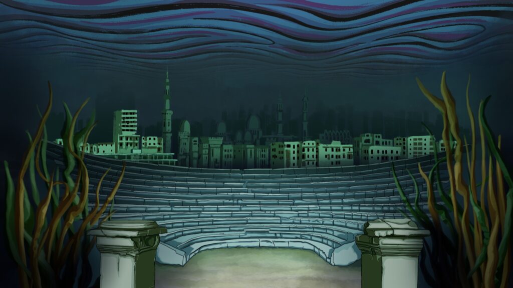 An underwater city is seen from eye-level in Alexandria, Egypy